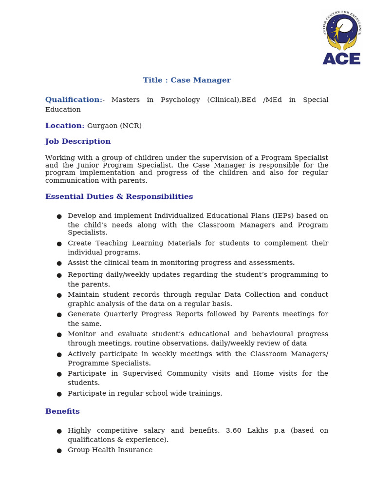 Case Manager Job in Gurgaon, NCR | PDF