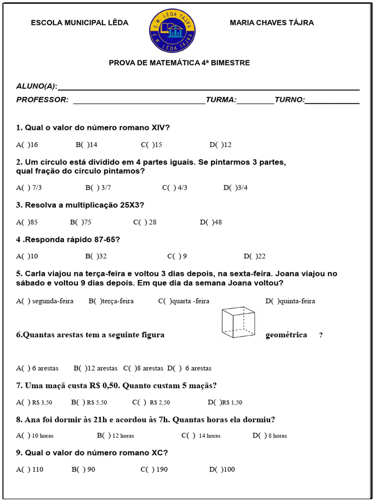 Prova de Matemática 4 Ano | PDF | Matemática