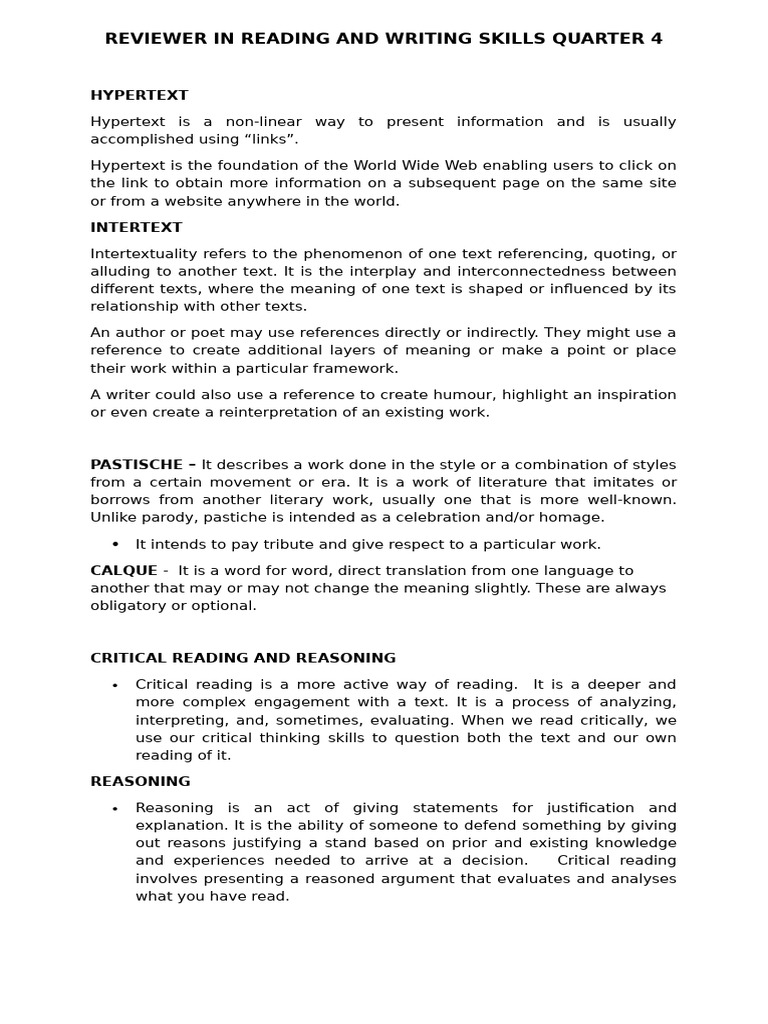 Reading and Writing Skills Review Q4 | PDF | Résumé | Intertextuality