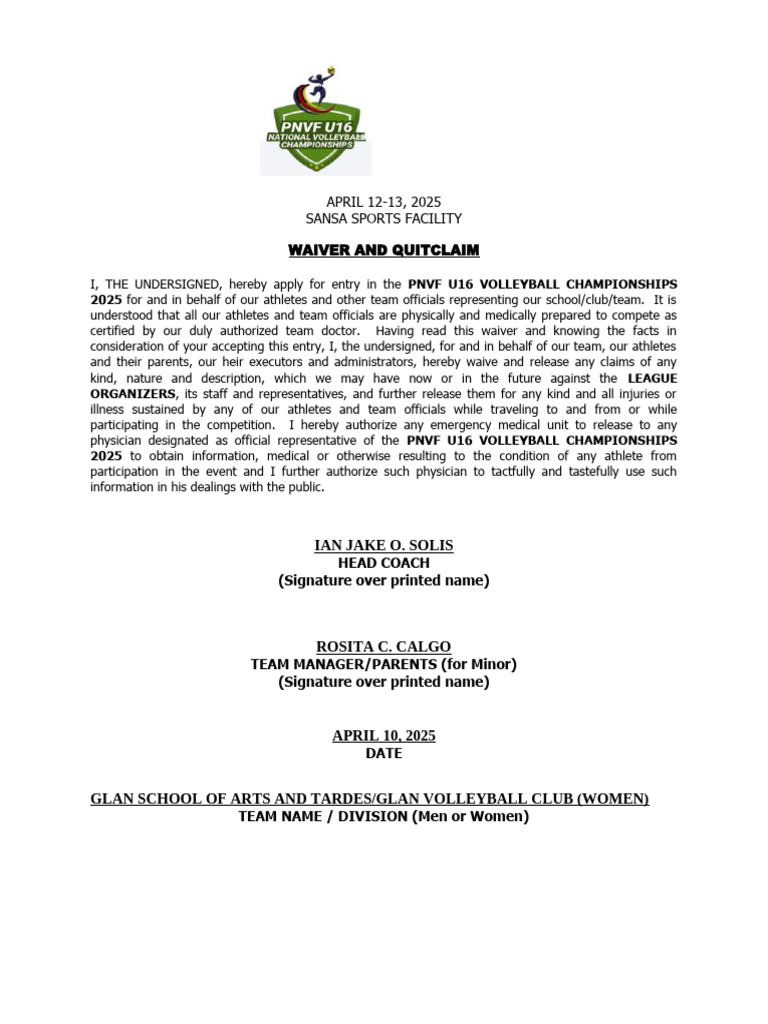 PNVF U16 Volleyball Championships Waiver | PDF