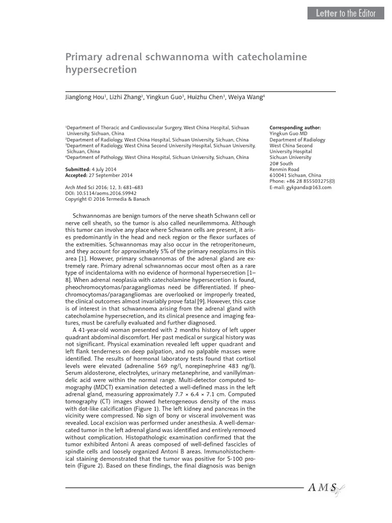 Primary Adrenal Schwannoma With Catecholamine Hypersecretion | PDF ...