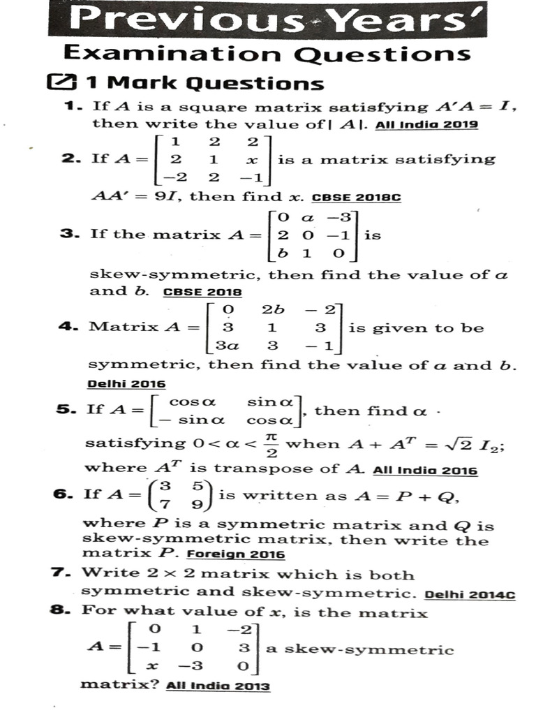 Matrices Previous Years Questions Set 2 | PDF