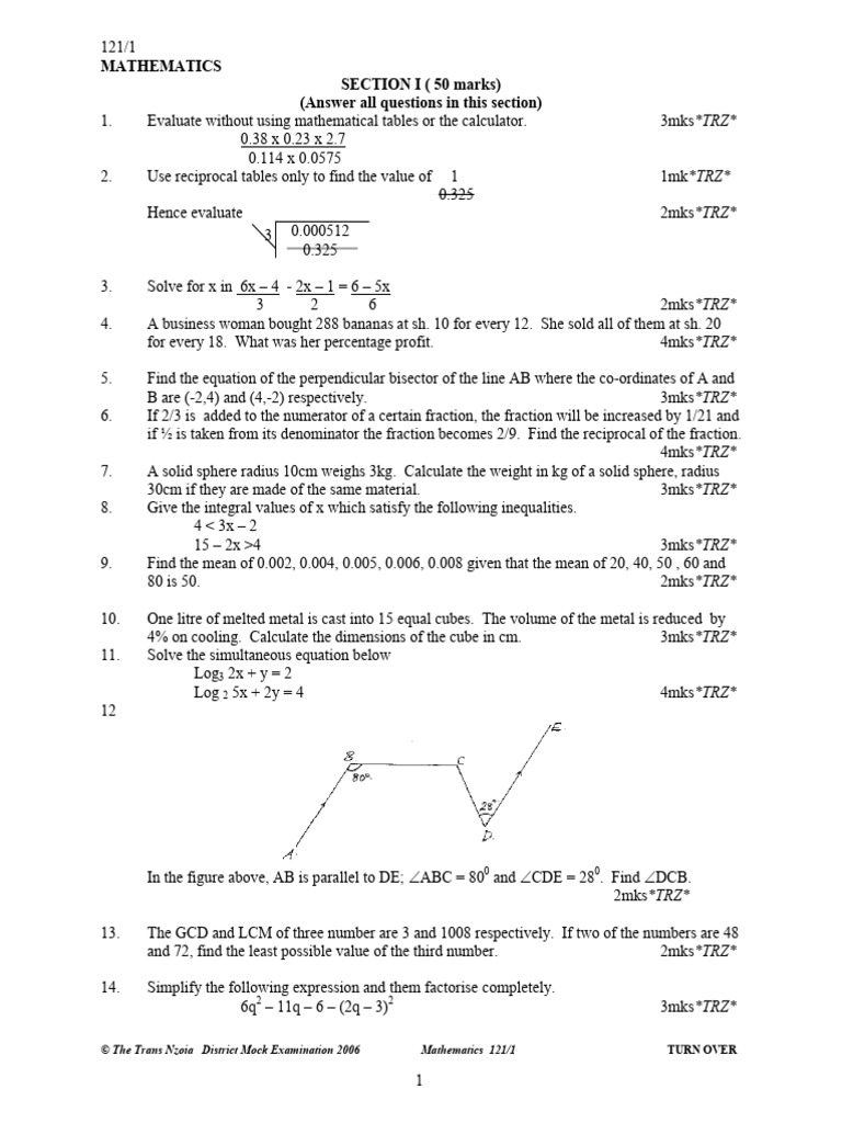 Trans Nzoia District Mock Math Exam 2006 | PDF | Elementary Mathematics ...