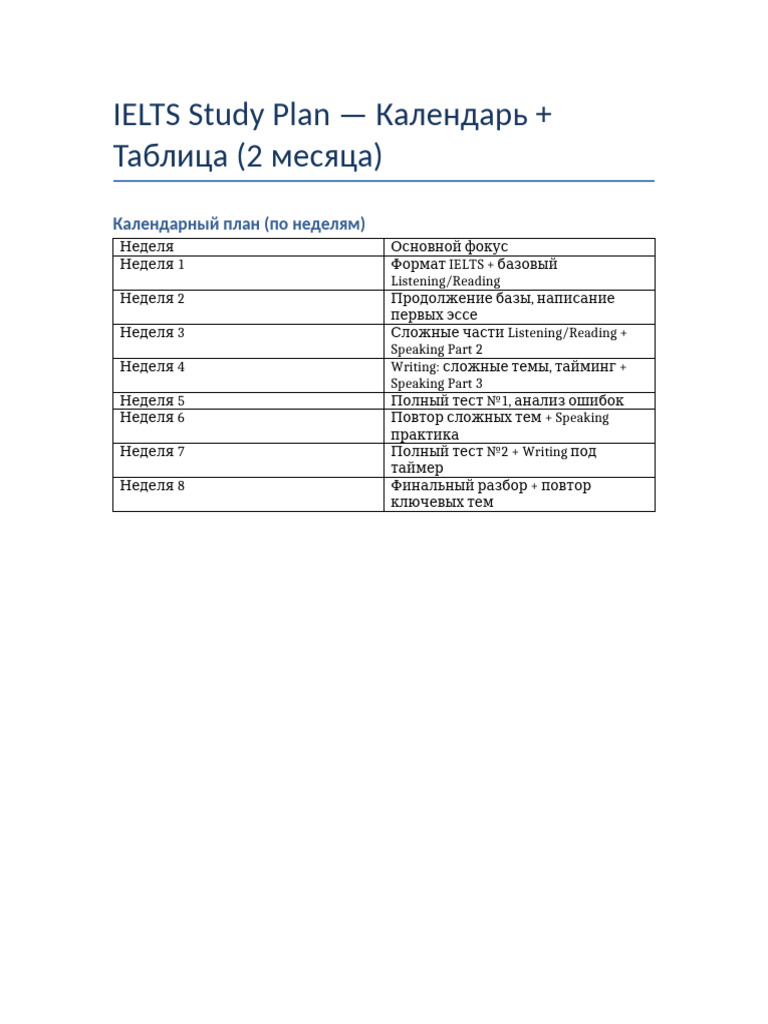 IELTS Calendar and Daily Table | PDF