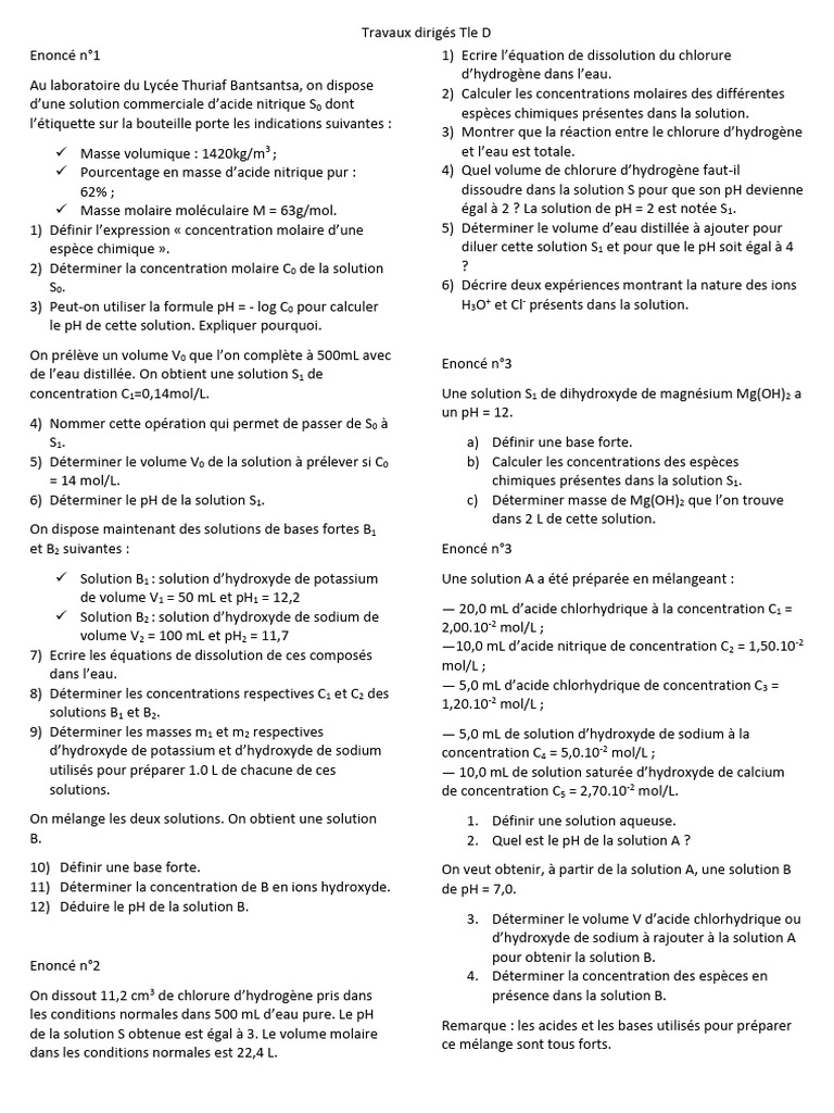 Calculs de pH et concentrations en chimie | PDF | Ph | Acide