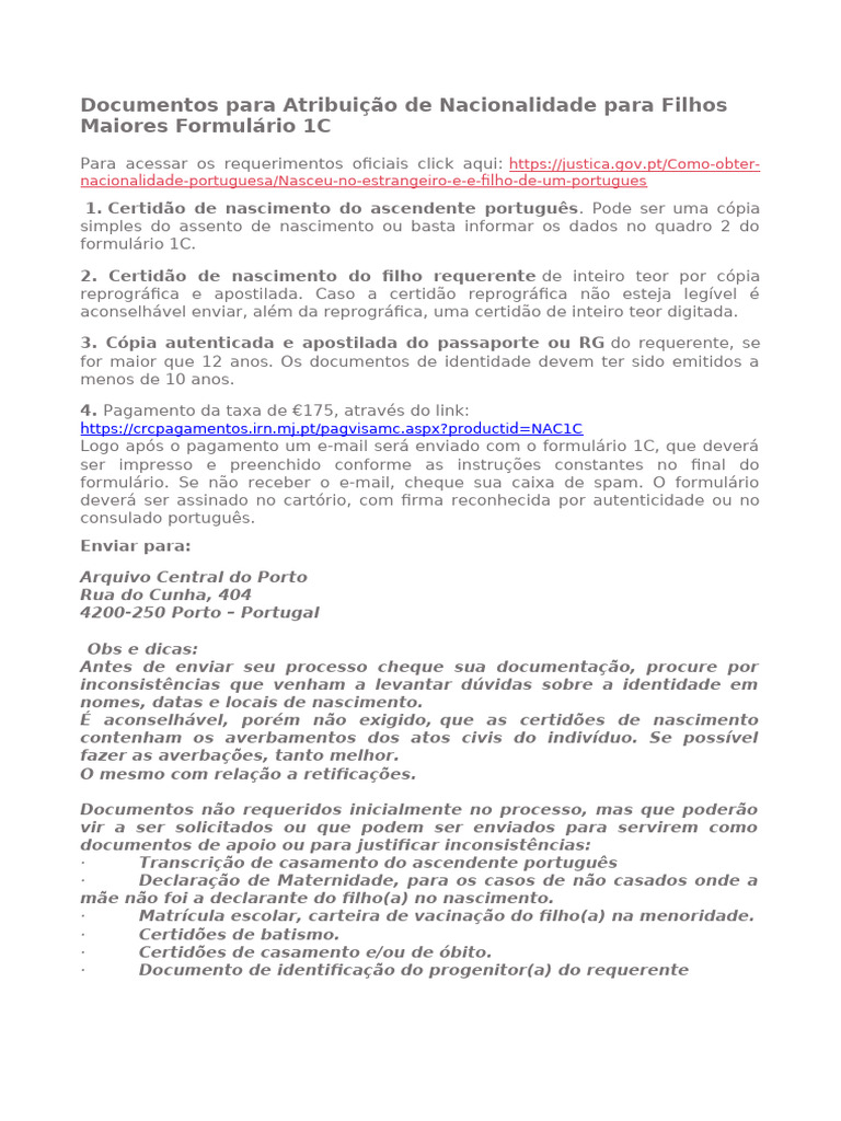 Documentos para Atribuição de Nacionalidade para Filhos Maiores ...
