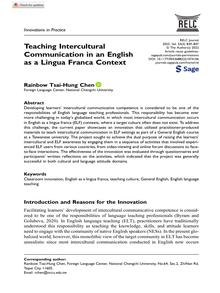 Chen 2022 Teaching Intercultural Communication in An English As A ...