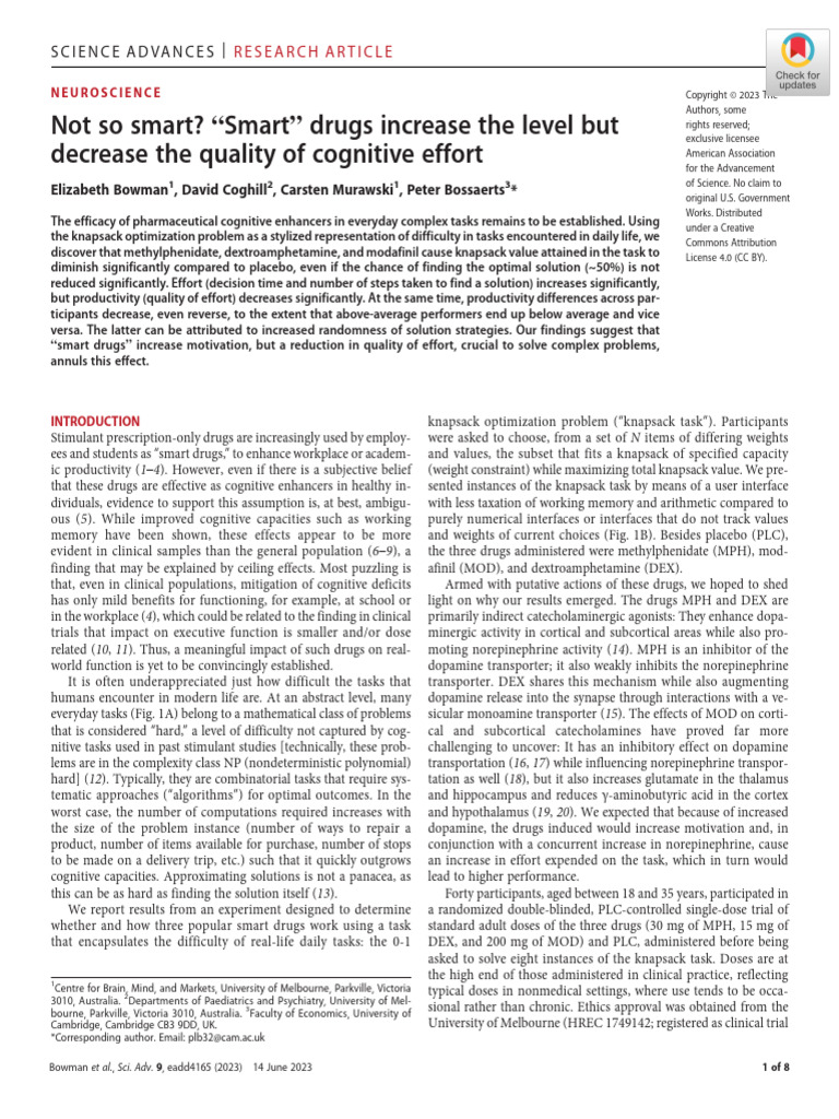 "Smart" Drugs Increase The Level But Decrease The Quality of Cognitive ...