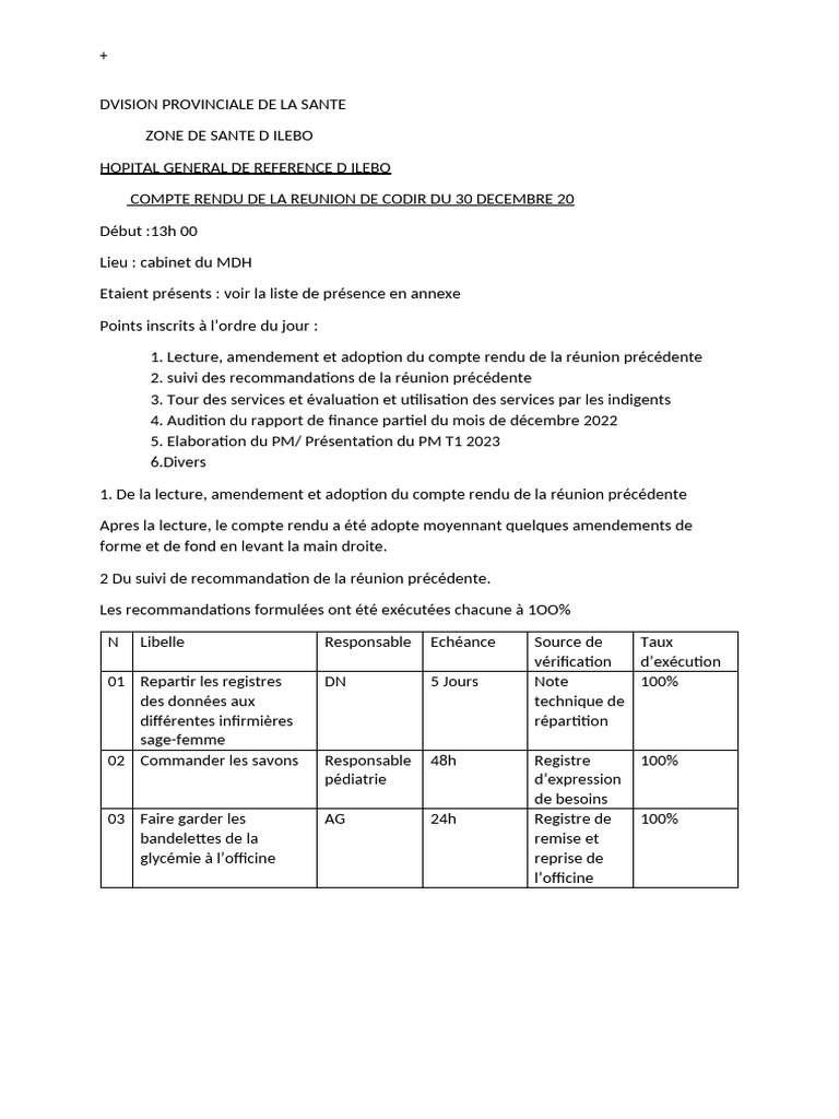 Compte Rendu Réunion CODIR 30 Déc 2022 | PDF | Programmes sociaux ...