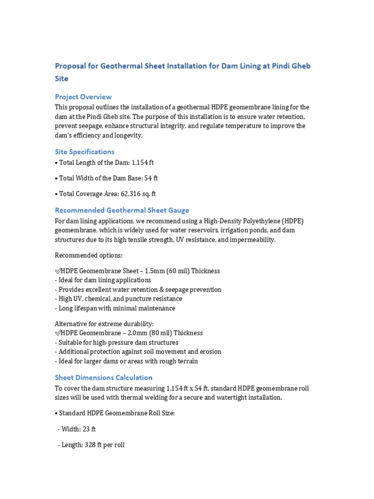 Geothermal HDPE Lining Proposal for Dam | PDF | Dam | Materials