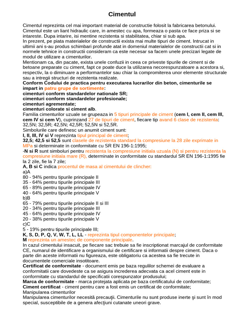 Cimentul Tipuri Si Explicatii | PDF