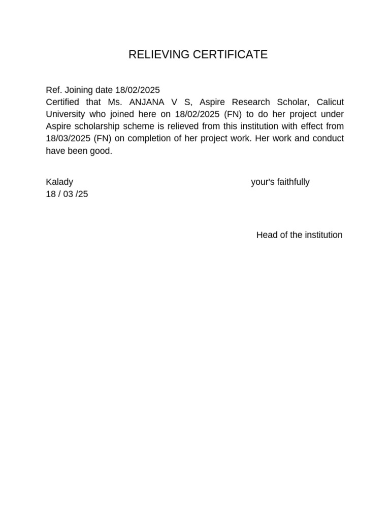 Relieving Certificate for Anjana V S | PDF