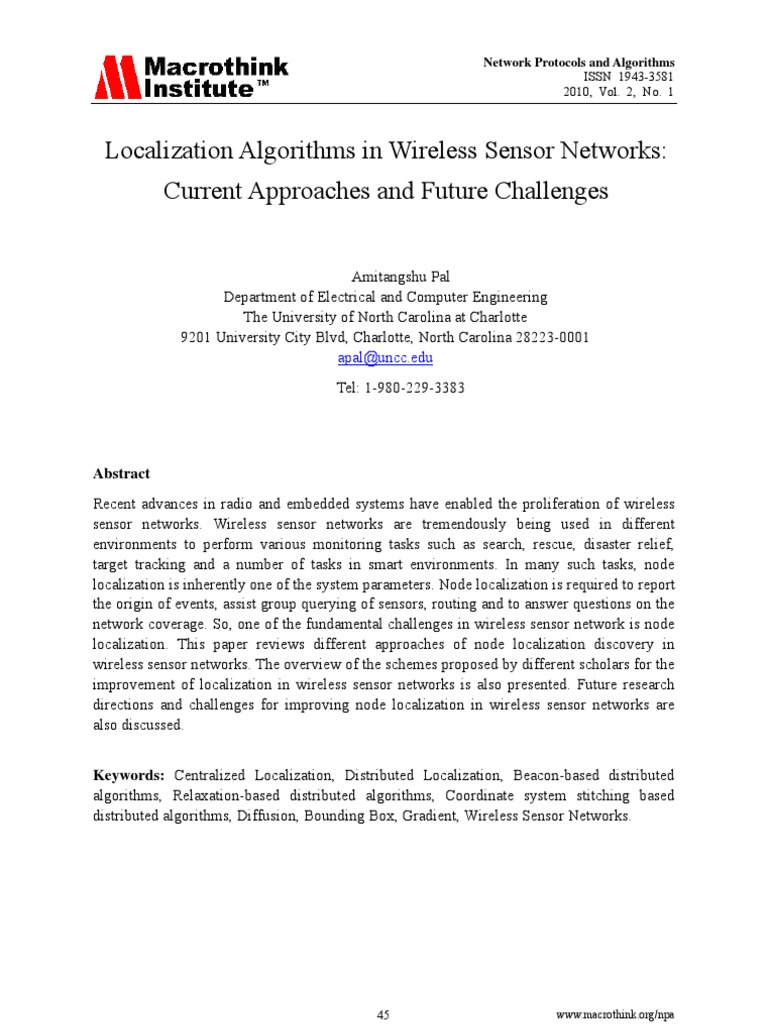 Localization Algorithms in Wireless Sensor Networks: Current Approaches ...