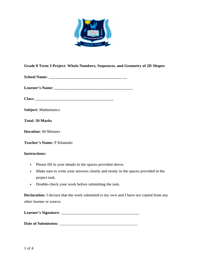 Grade 8 Term 3 Maths Project Guide | PDF | Prime Number | Triangle