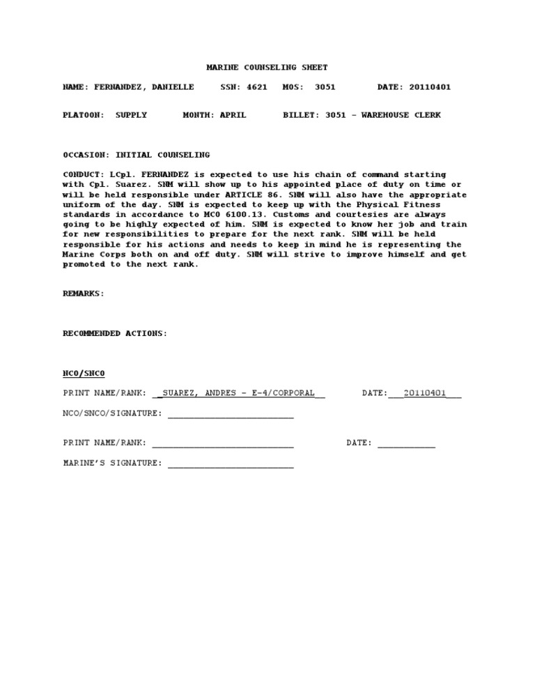 USMC Counseling Outline | PDF | United States Marine Corps | Non ...