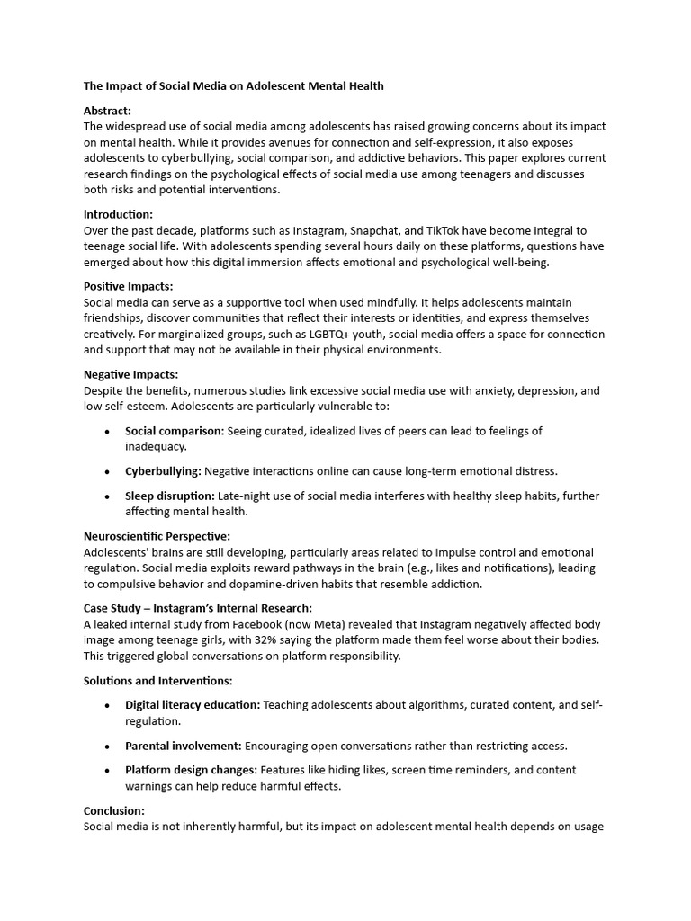 Social Media's Effects on Teen Mental Health | PDF | Adolescence ...