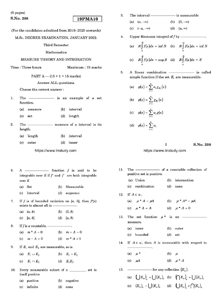 MSC 3 Sem Mathematics Measure Theory and Integration 208 Jan 2022 | PDF