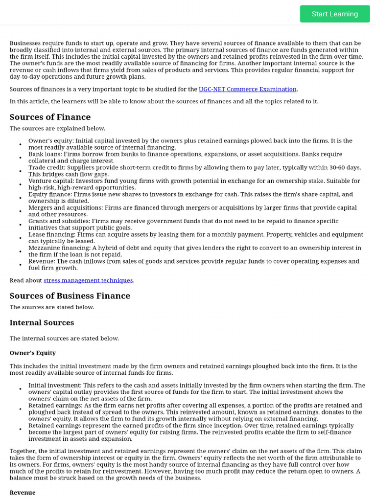 Sources of Finance Study Notes For UGC-NET Commerce Examination | PDF