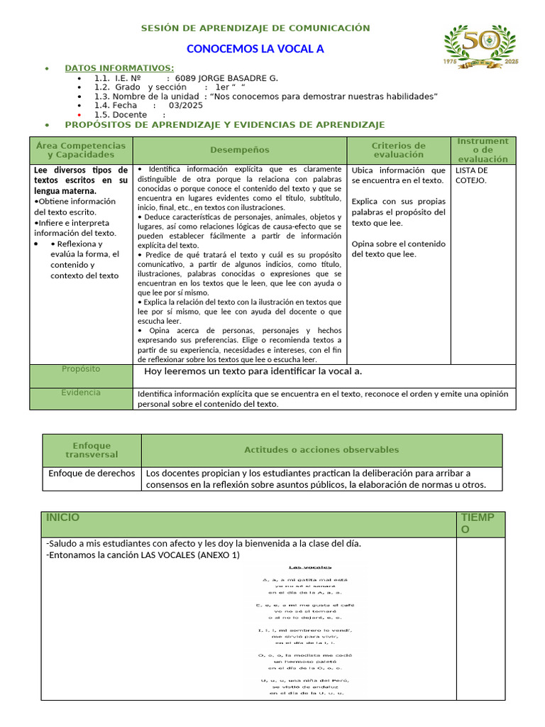 Sesión de Aprendizaje: Vocal A | PDF | Aprendizaje | Cognición