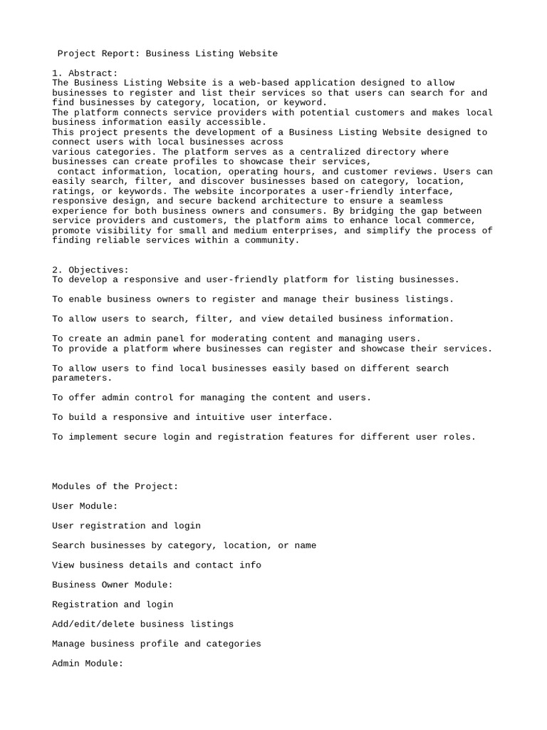 Business Listing Website Project Report | PDF | Databases | World Wide Web