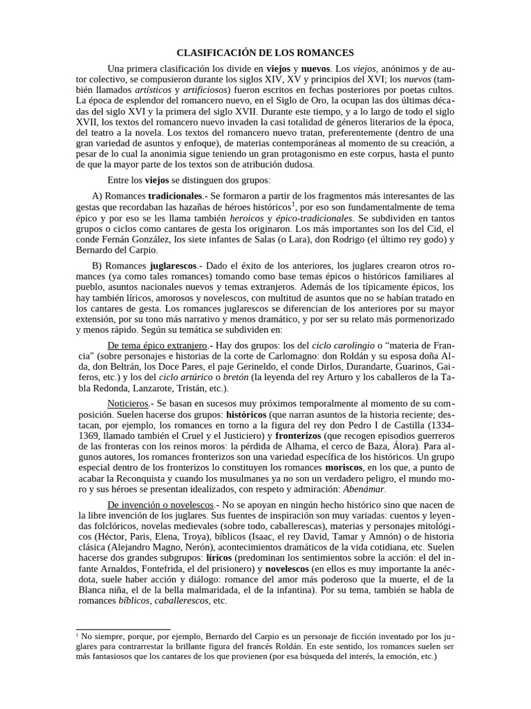 Clasificación de los Romances Literarios | PDF | Poesía épica
