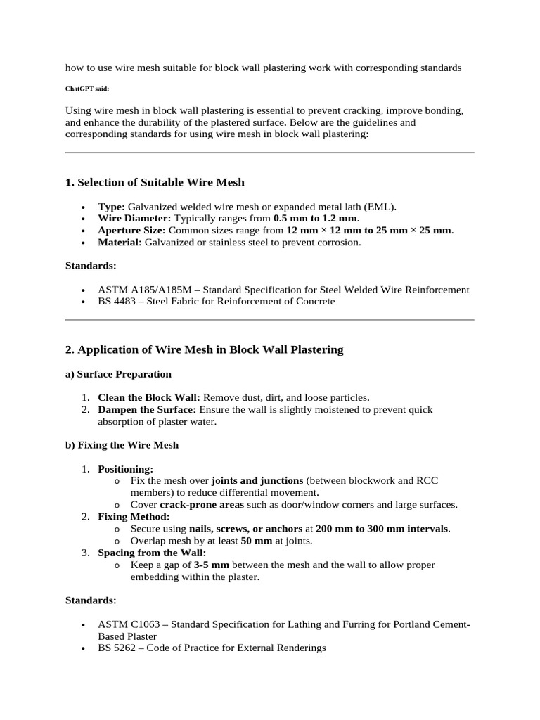 Wire Mesh Guidelines for Block Wall Plastering | PDF | Plaster ...
