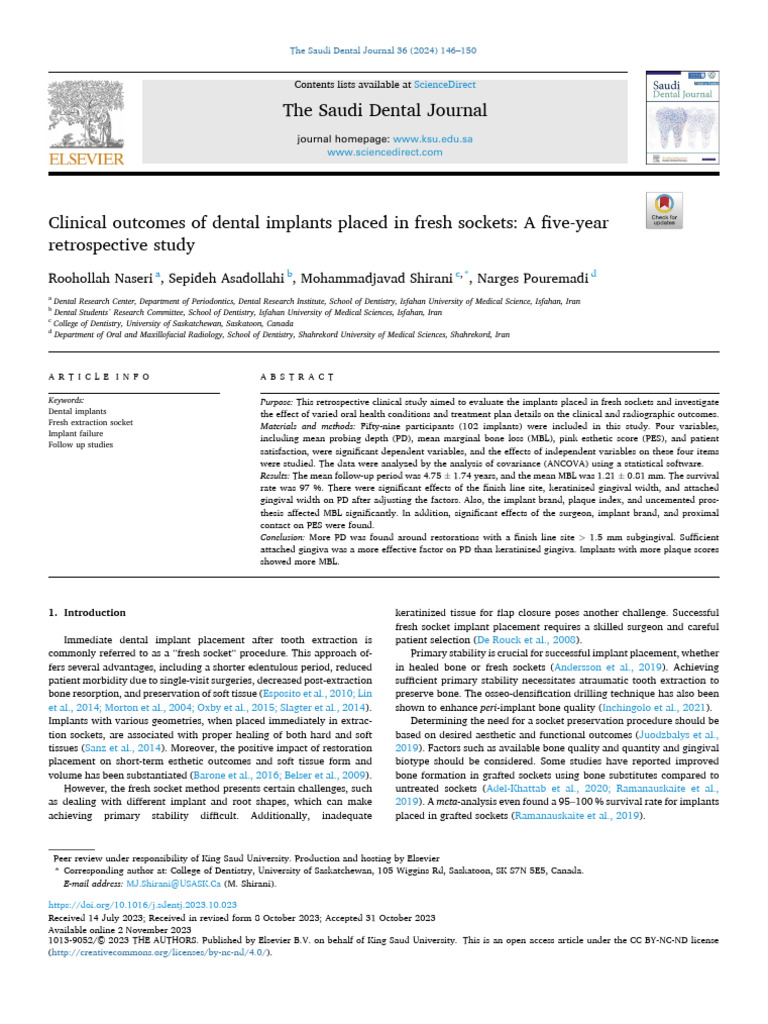 Clinical Outcomes of Dental Implants Places in Fresh Sockets - A Five ...