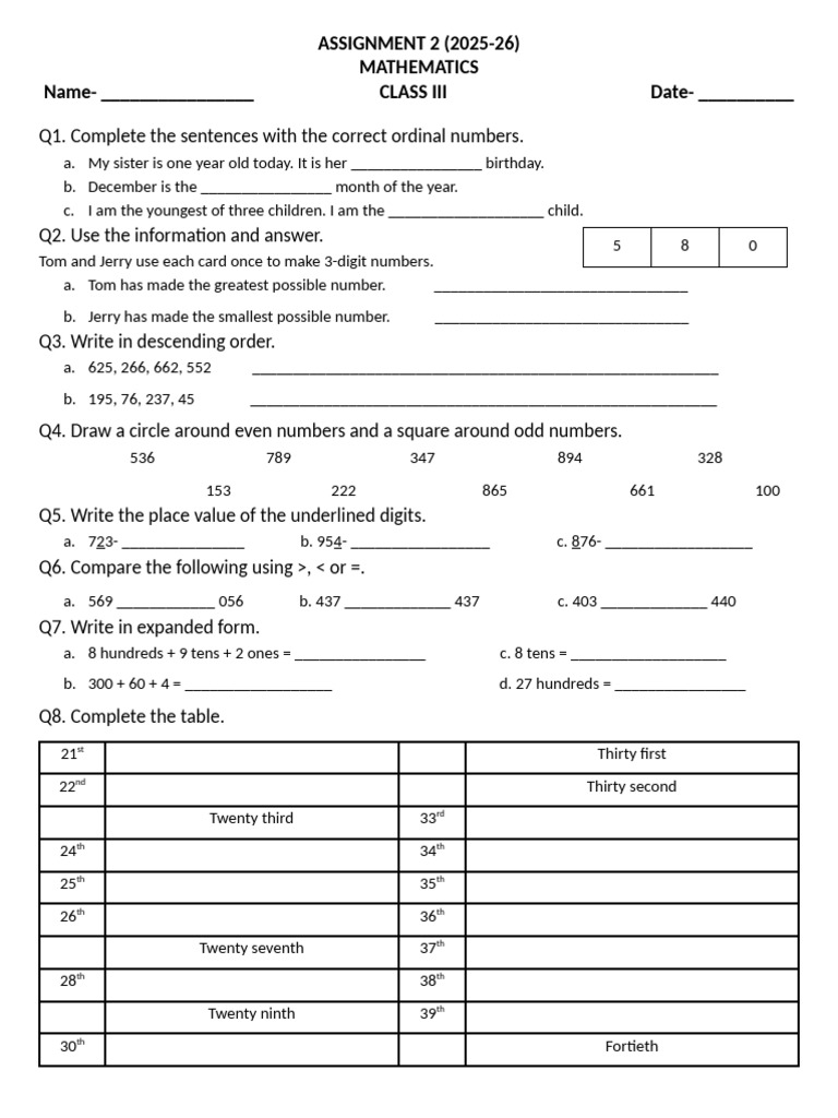 Grade 3 Mathematics Assignment 2025-26 | PDF | Mathematics