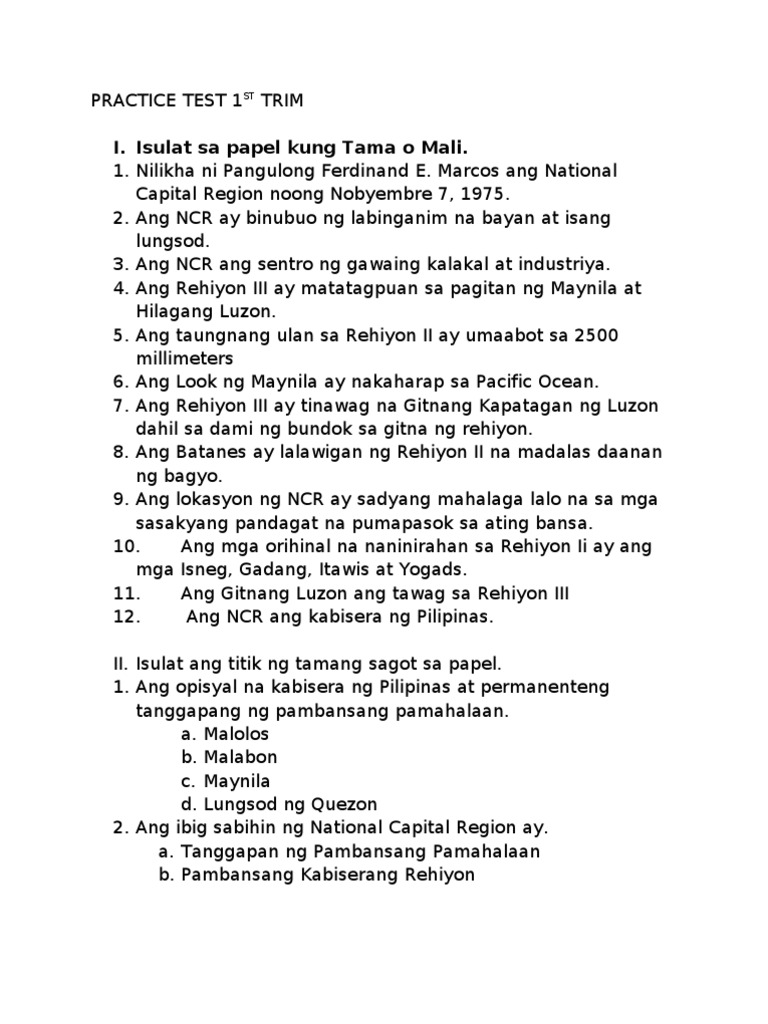 Practice Test 1st Trim - NCR, II, III | PDF