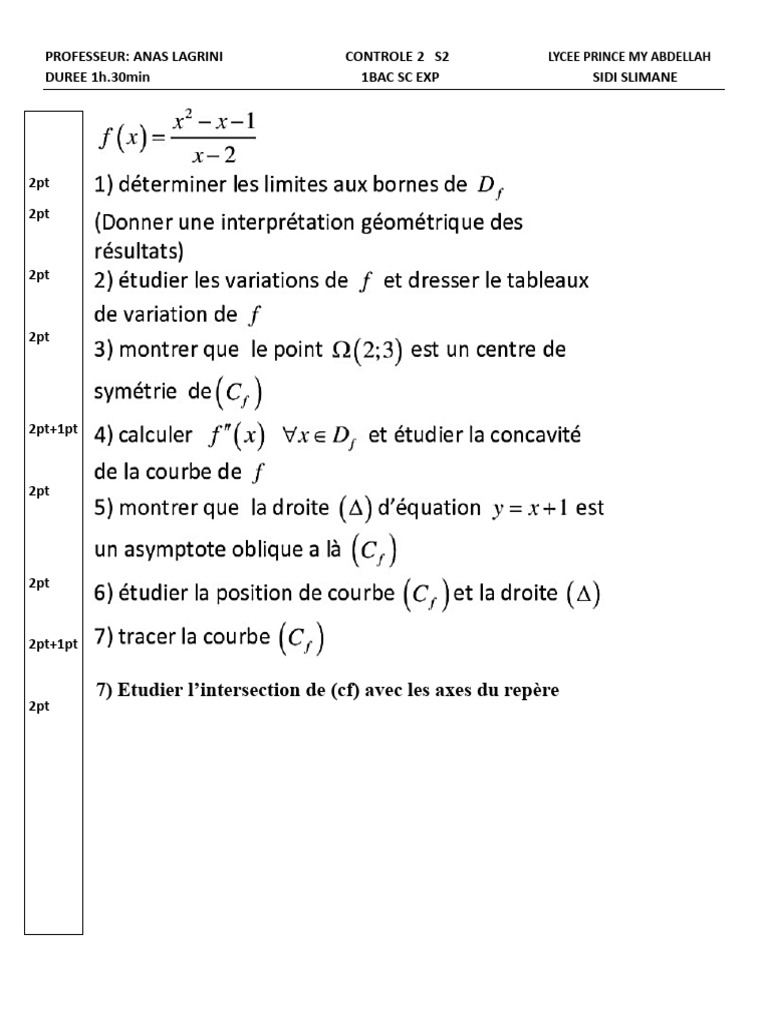 Contrôle Mathématiques 1ère Bac SC EXP | PDF