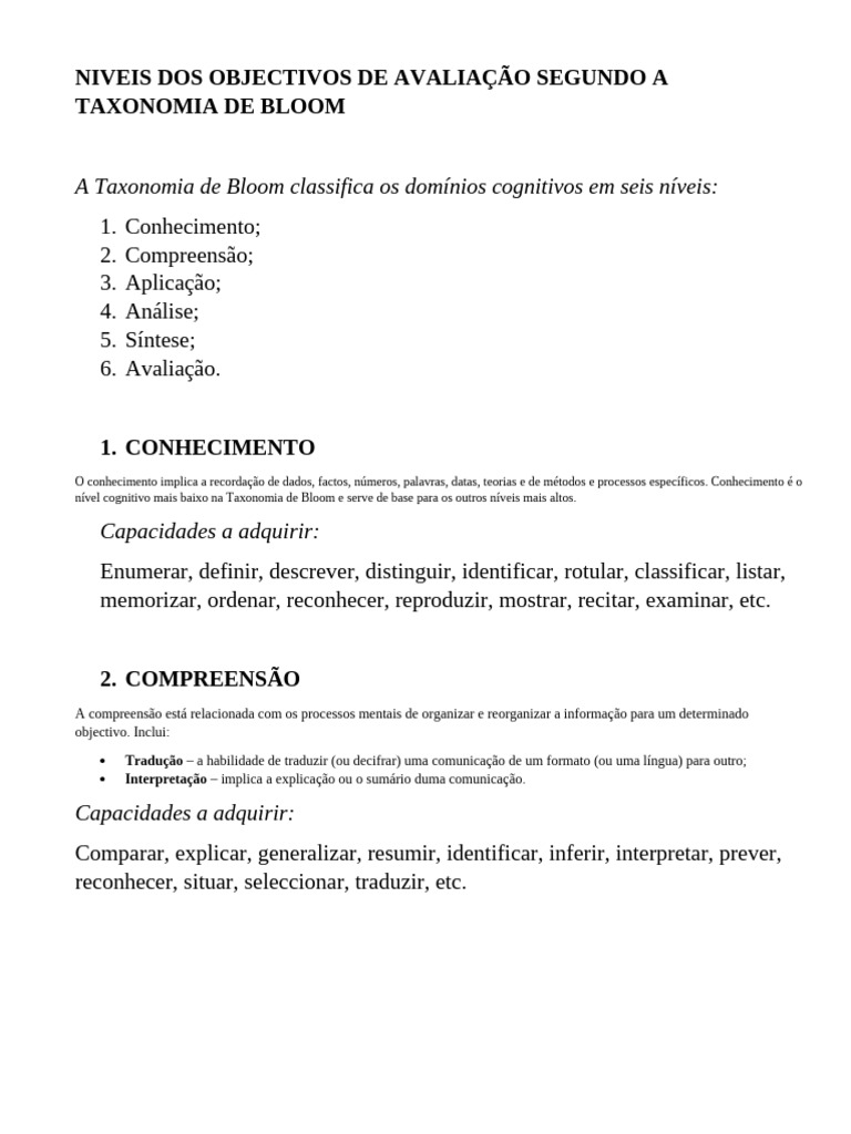 Níveis Cognitivos da Taxonomia de Bloom | PDF | Conhecimento | Comunicação