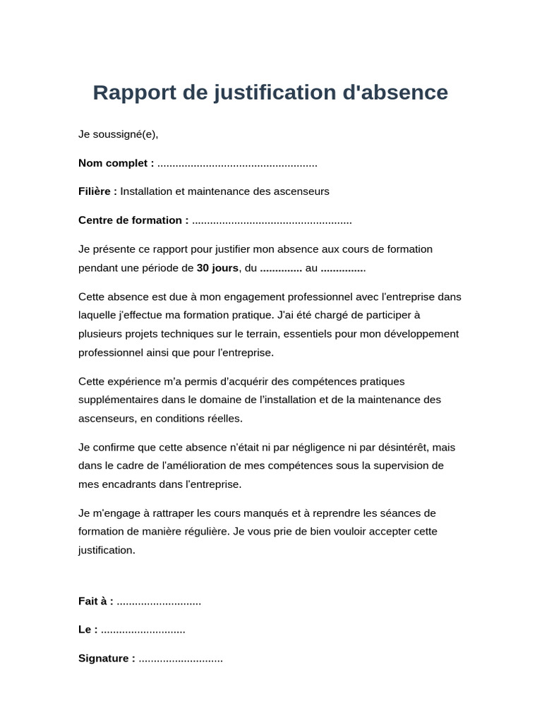Rapport de justification d'absence en formation | PDF