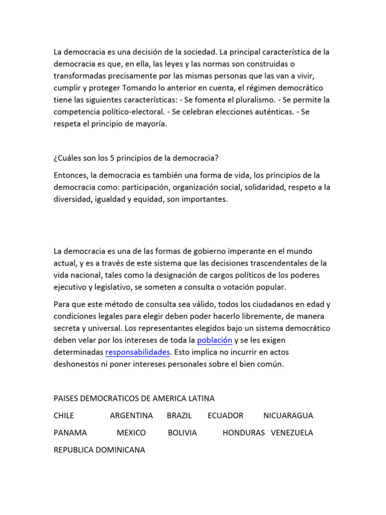 Características y principios de la democracia | PDF