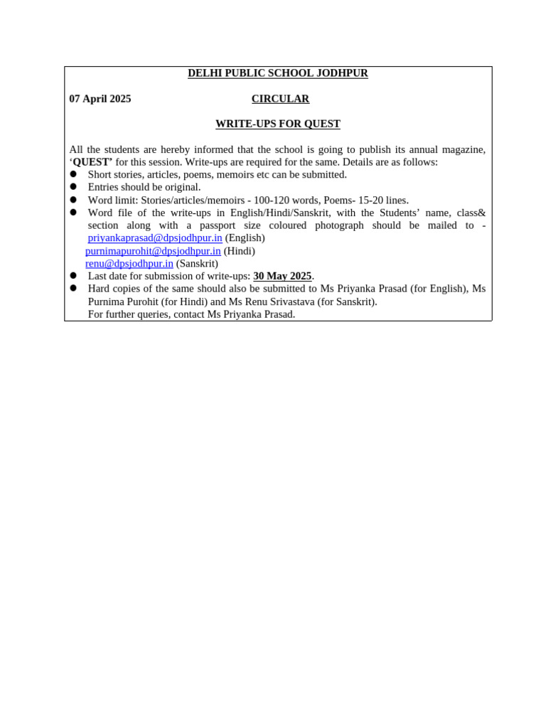 DPS Jodhpur Annual Magazine Write-Up Call | PDF