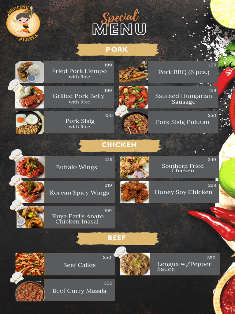 Menu of Pork, Chicken, and Seafood Dishes | PDF