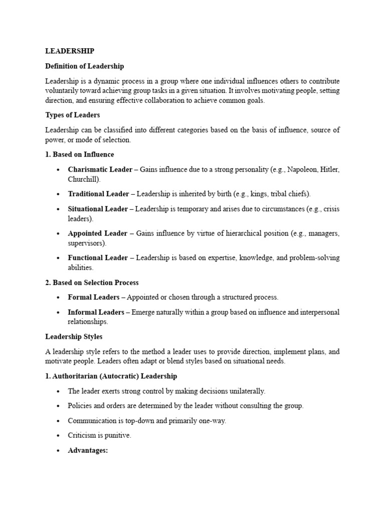 Definition of Formal Leadership | PDF | Leadership | Power (Social And ...