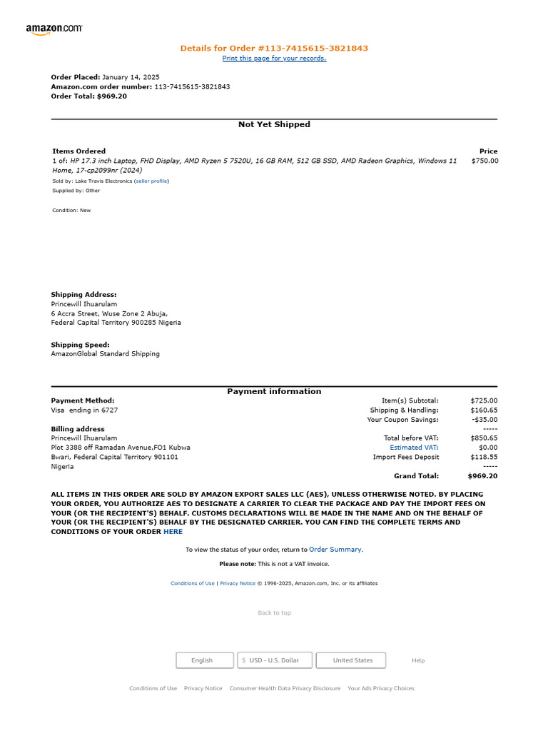 Order 113-7415615-3821843 | PDF | Invoice | Value Added Tax