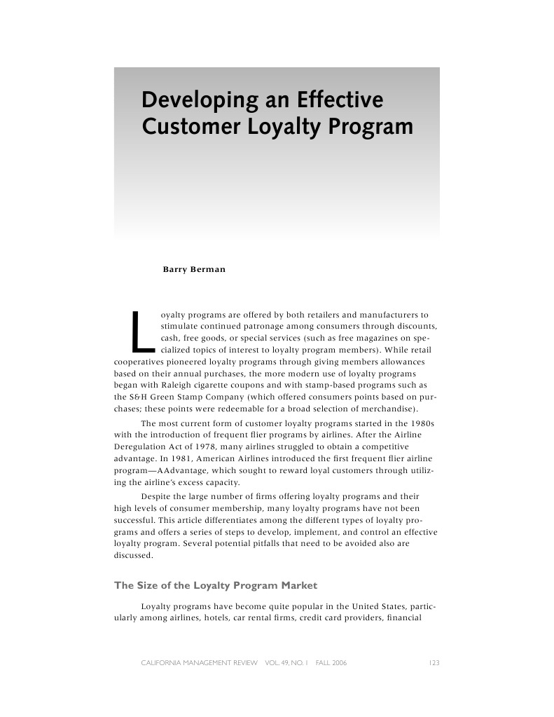 Berman (2006) Developing An Effective Customer Loyalty Program | PDF ...