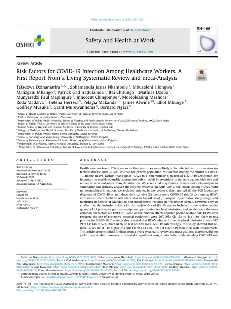 Risk Factors For COVID-19 Infection Among Healthcare Workers. A First ...