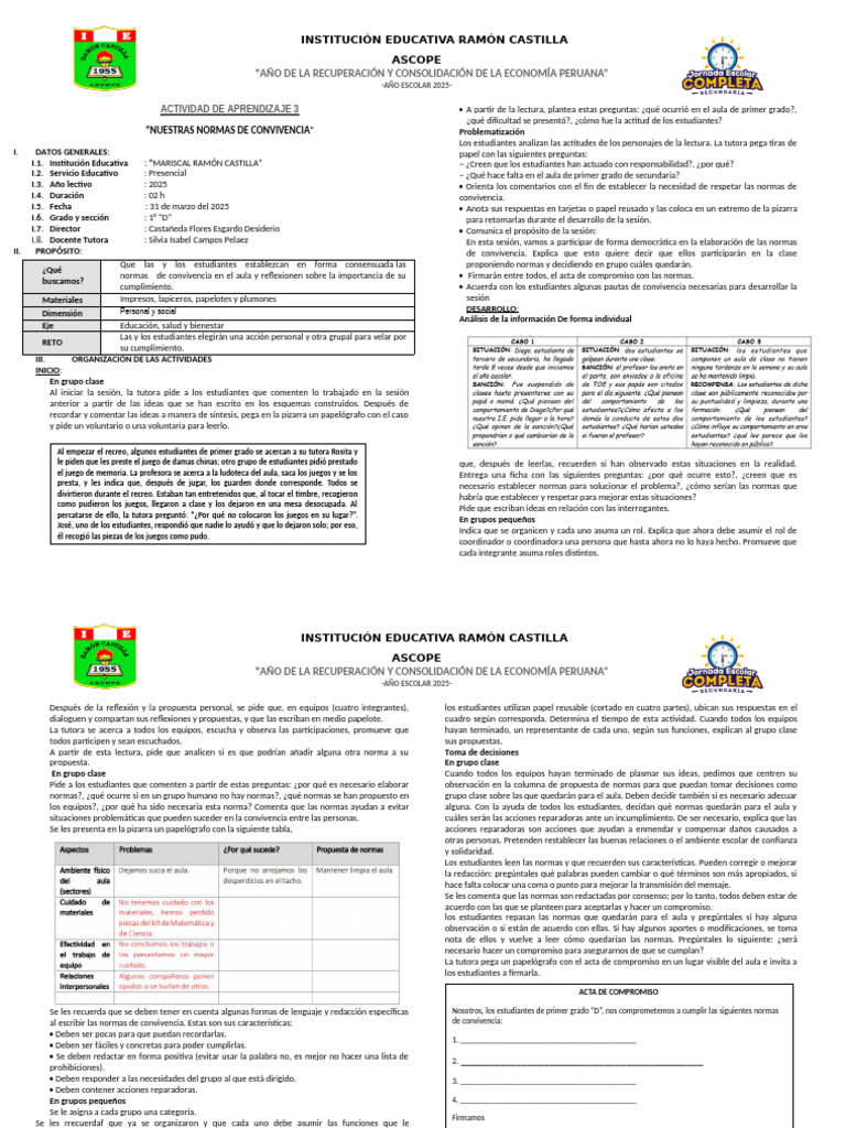 Normas de Convivencia en Aula 1° "D" | PDF | Salón de clases