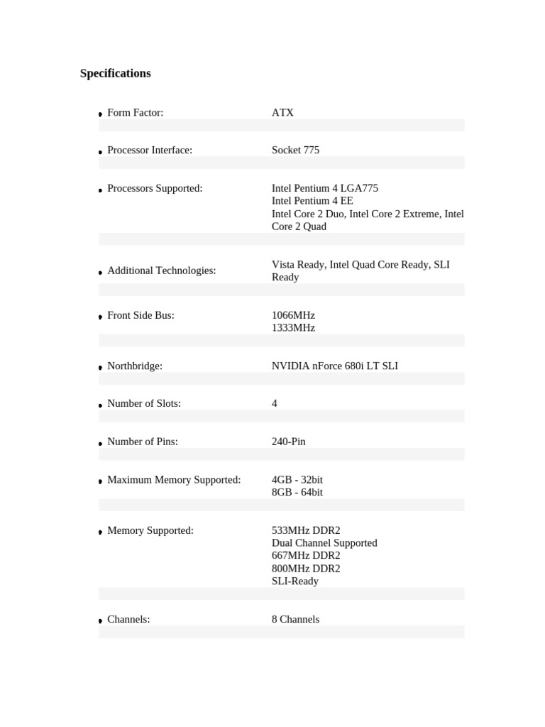 nForce 680i LT SLI Motherboard Specs | PDF | Computer Hardware ...
