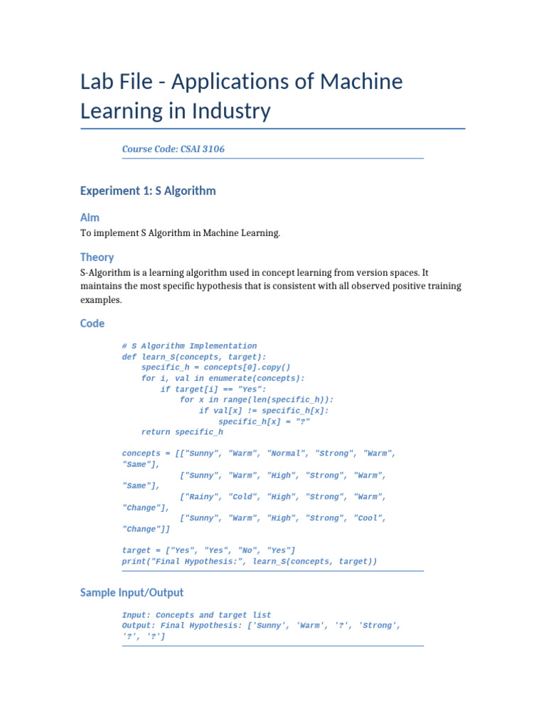 ML Industry Lab File With Code and IO | PDF | Machine Learning ...