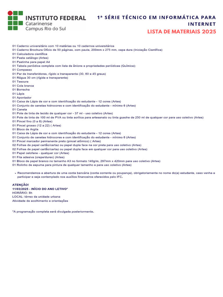 Materiais 1ª Série Técnico Informática 2025 | PDF