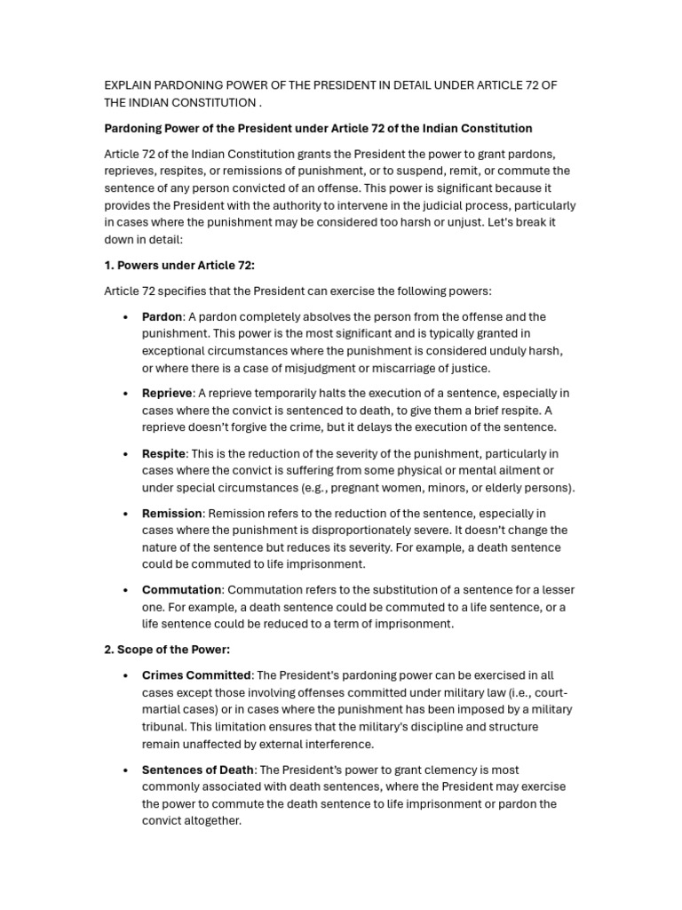 Pardoning Power President Article 72 | PDF | Pardon | Public Law