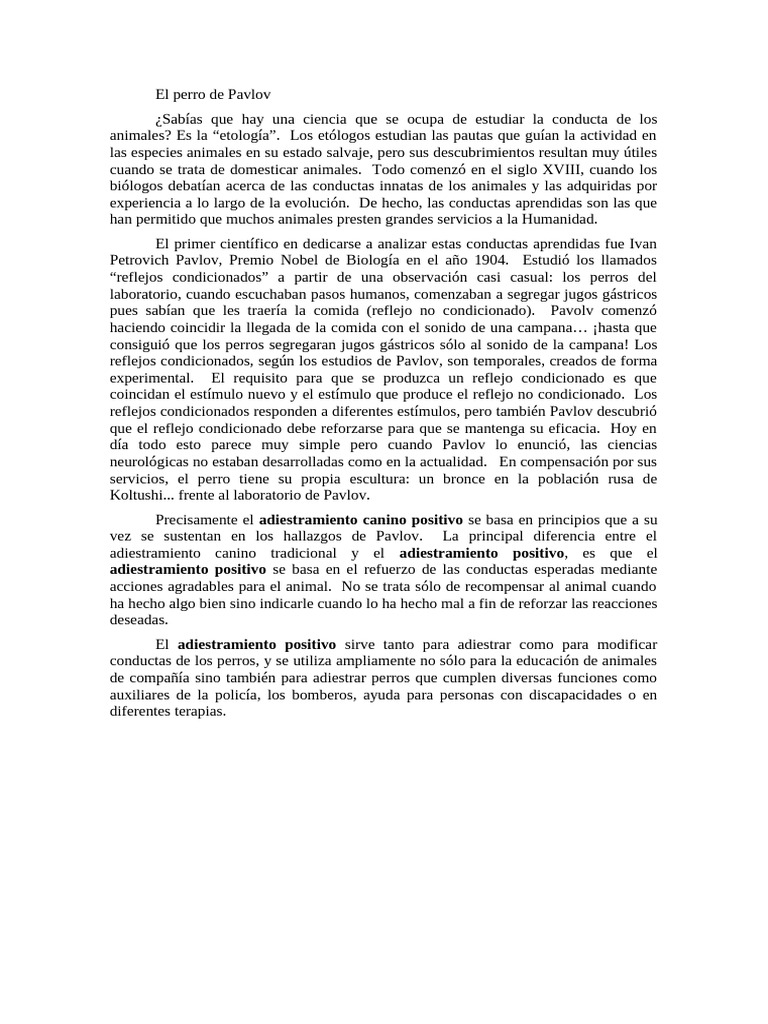 El perro de Pavlov y su adiestramiento | PDF | Perros | Comportamiento