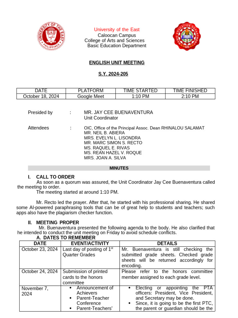 Minutes - English Unit Meeting - Oct. 18, 2024 | PDF
