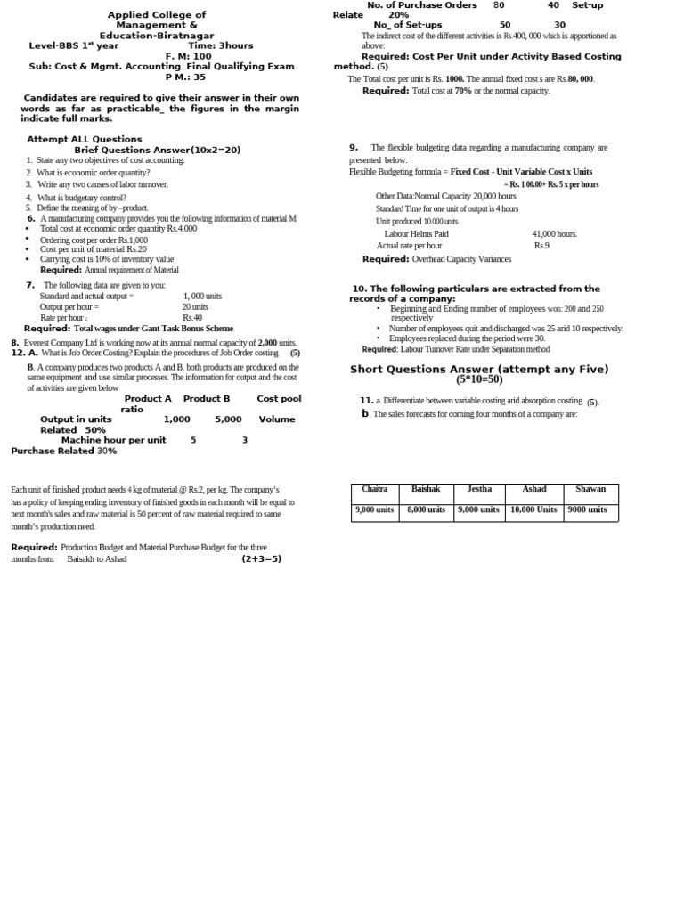 Cost & Management Accounting Exam Paper | PDF | Cost | Cost Accounting