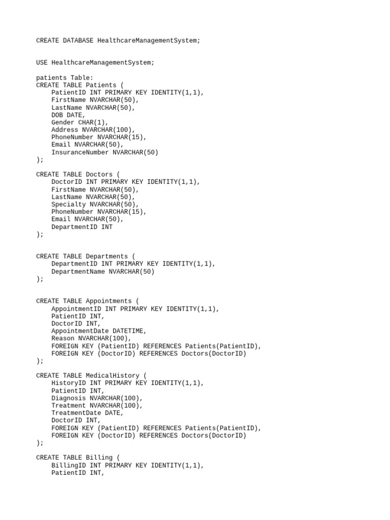 Healthcare Management Database Schema | PDF