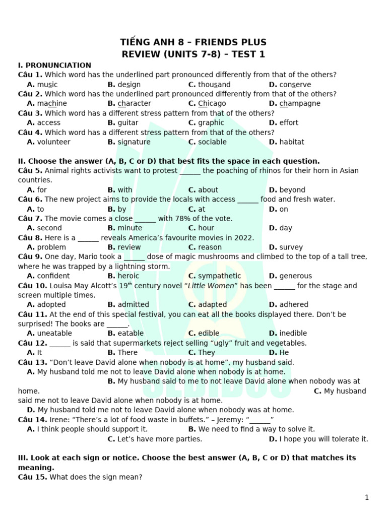Tieng Anh 8 Friends Plus - Review 7-8 - Test 1 | PDF | Vietnam ...