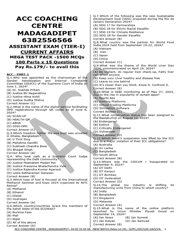 ACC - ASST - Current Affairs - MEGA TEST PACK | PDF
